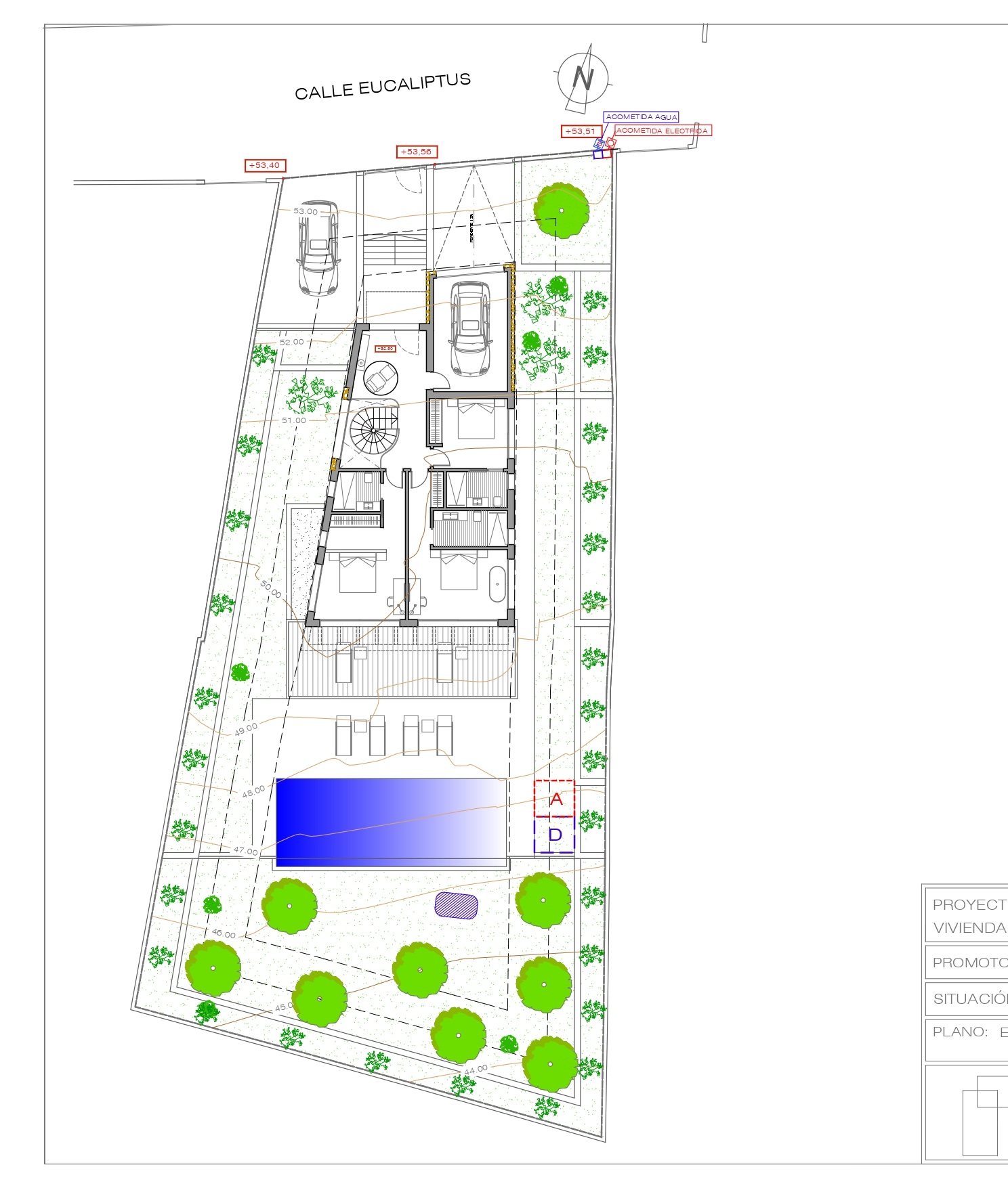 Architectural site plan of the property featuring a private swimming pool, landscaped gardens, and integrated parking on a sloped plot.