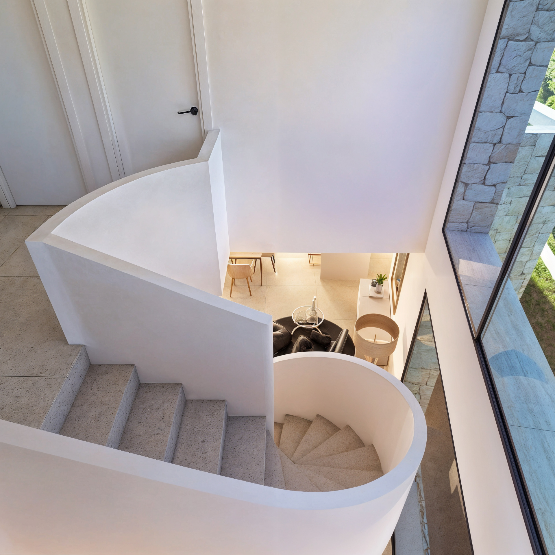 High-angle view of a sculptural white spiral staircase with stone treads, overlooking a minimalist living area and large windows with stone wall accents.