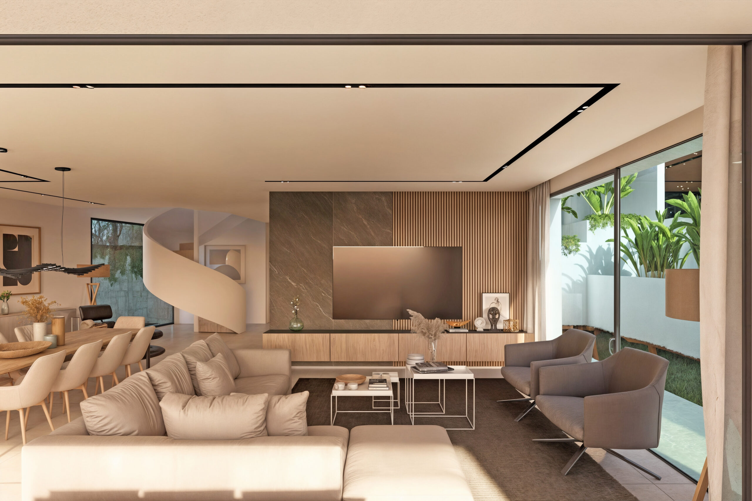 Modern open-plan living area featuring a marble and wood slat TV wall, spiral staircase, and floor-to-ceiling windows opening to a lush garden terrace.