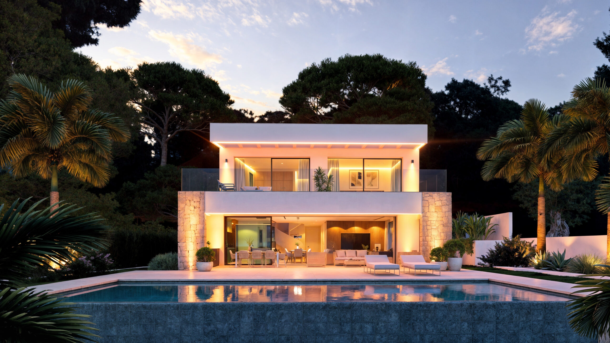 Modern two-story villa featuring a white facade with stone accents, an infinity pool, and integrated LED lighting under the eaves at dusk.