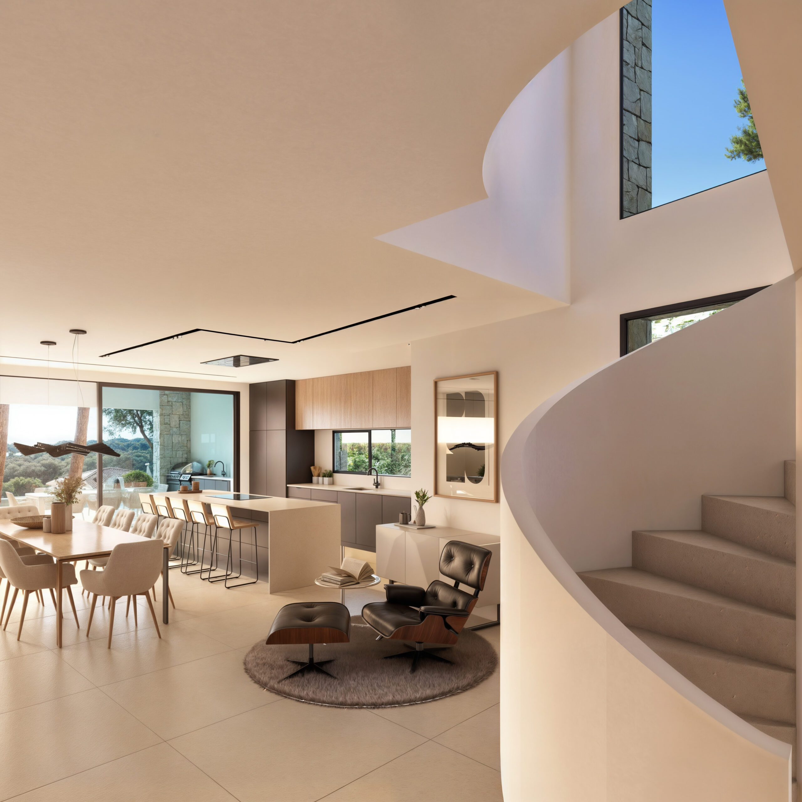 Open-plan living space featuring a designer kitchen with island, dining area, and a sculptural spiral staircase with stone treads.