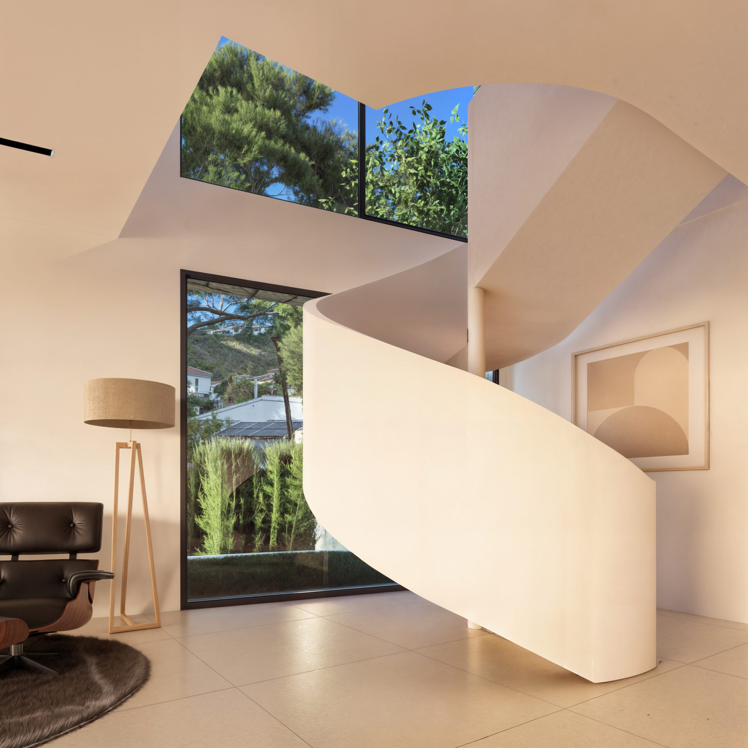Sculptural white spiral staircase in an open-plan living area, featuring floor-to-ceiling windows with pine tree views and a minimalist lounge corner with a leather chair.