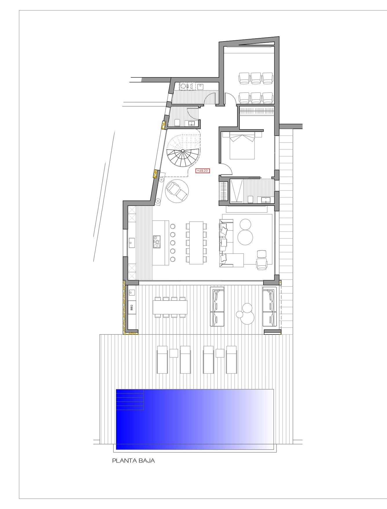 Technical ground floor plan detailing an open-concept living area, kitchen with island, private cinema, en-suite bedroom, and an expansive terrace with a pool.