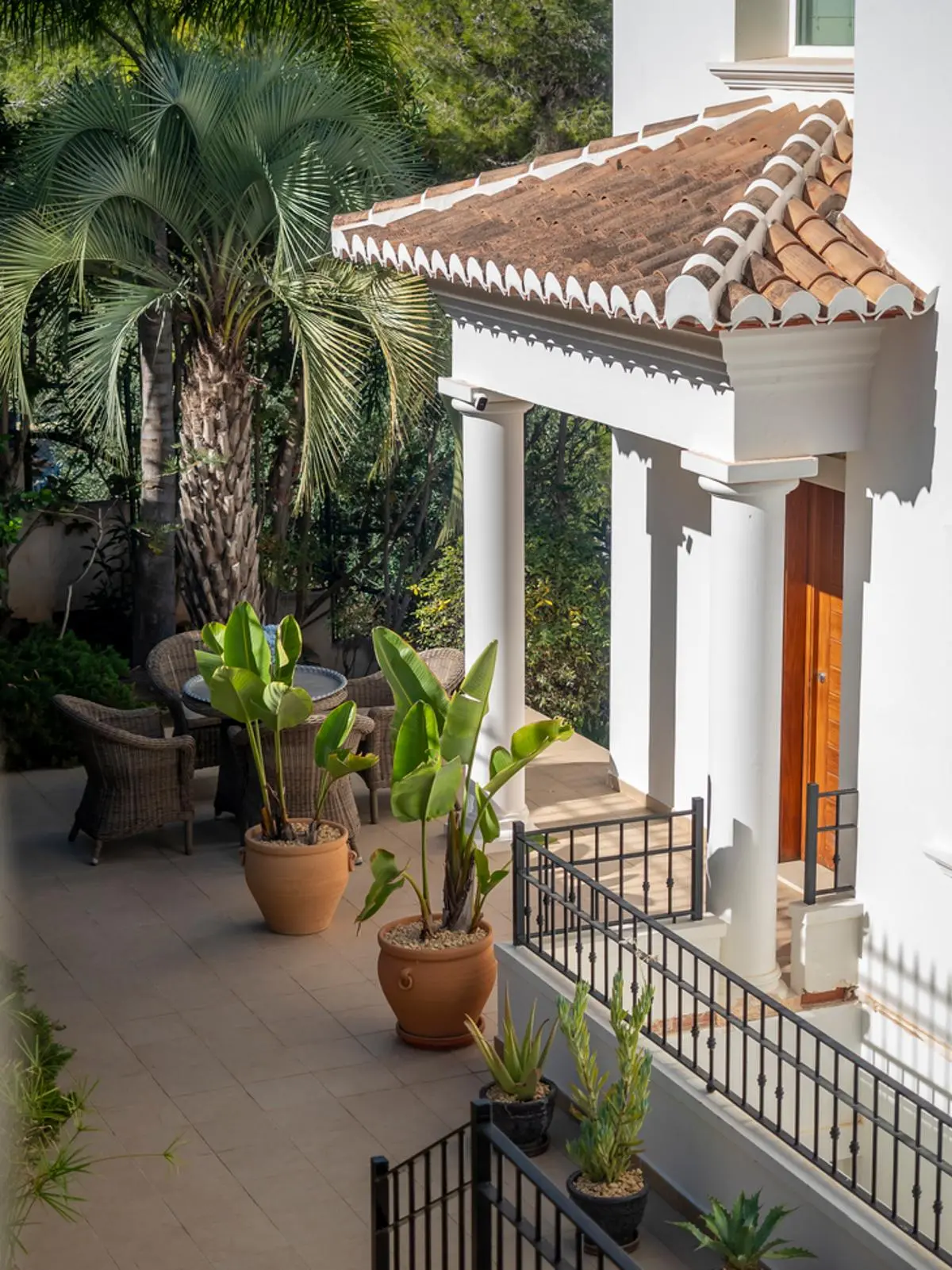 Entrance porch with white columns and terracotta tiles. The tiled patio includes potted Strelitzia plants, wrought iron railings, and a wooden door.
