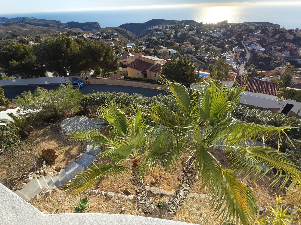 Elevated view from the terrace overlooking a tiered Mediterranean garden with palm trees, stone steps, and panoramic vistas of the coastline and sea.