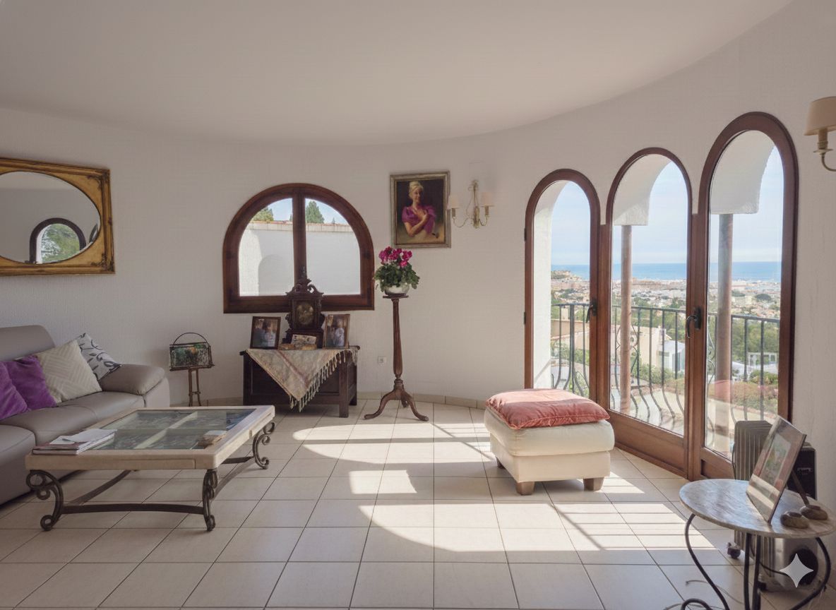 Bright living area featuring triple arched glass doors with panoramic sea views, tiled flooring, and classic furniture under natural light.