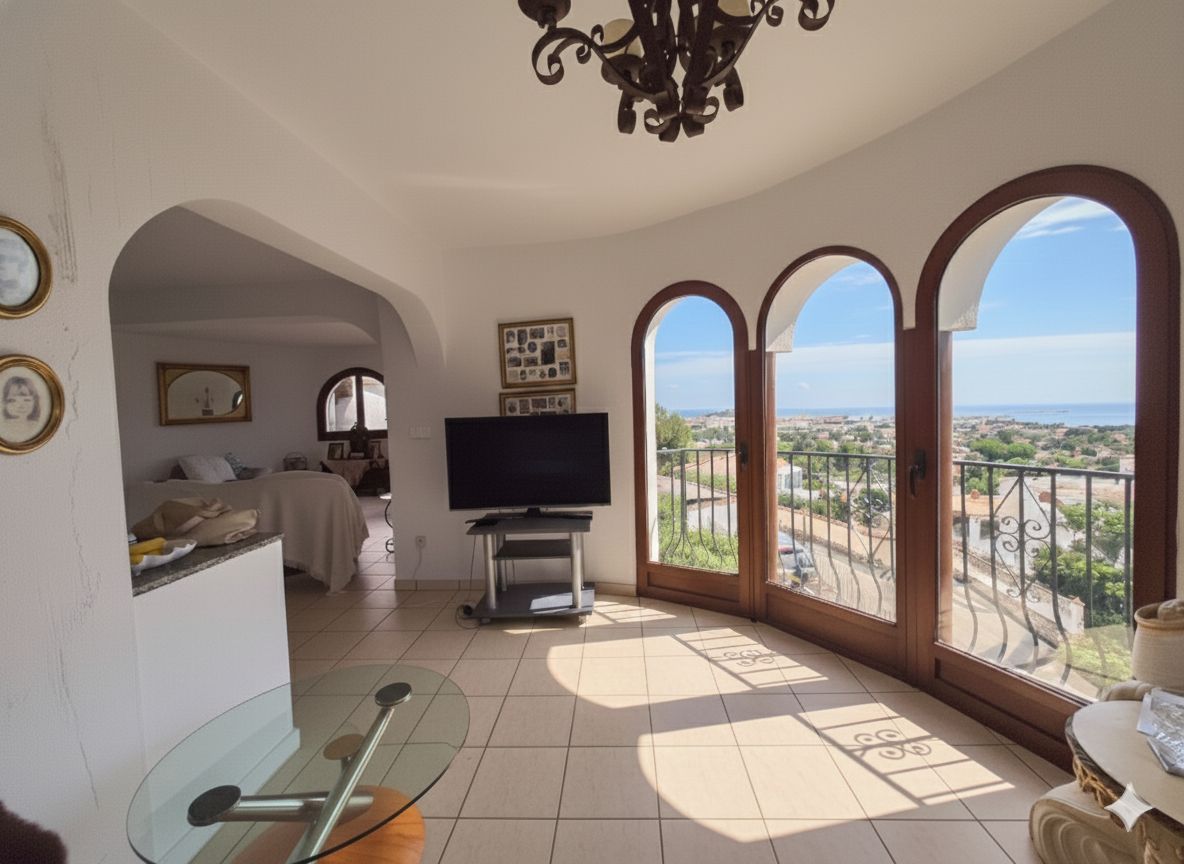 Bright living space featuring three large arched wooden windows with sea views, tiled flooring, and an arched entrance to the bedroom area.