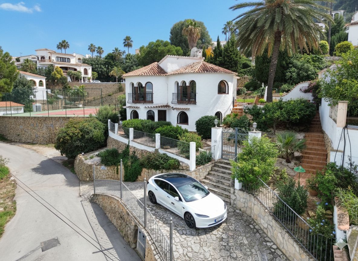 Exterior view of a two-story Mediterranean villa with arched windows, terracotta roof, and a stone driveway featuring a gated entrance and lush landscaping.
