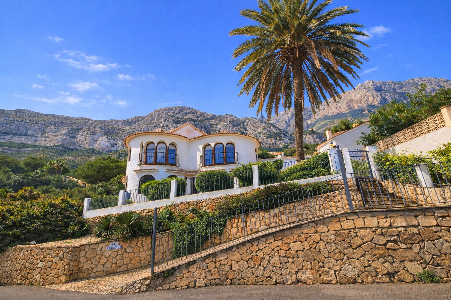 Exterior view of a white Mediterranean villa featuring arched windows and terracotta roofing, set against a rugged mountain backdrop with stone retaining walls.