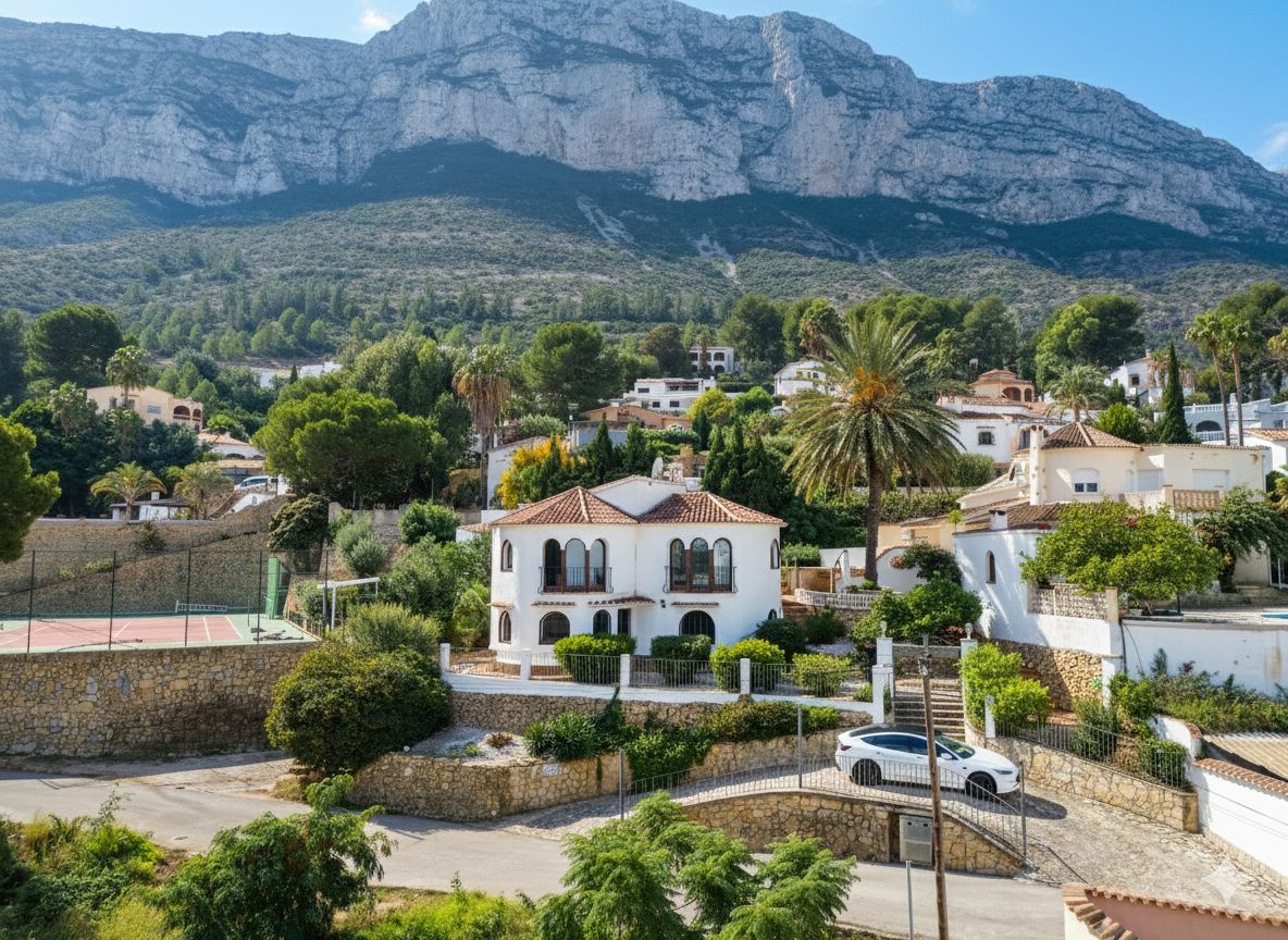 Exterior view of a white Mediterranean villa with arched windows, set against a dramatic mountain backdrop with an adjacent tennis court and stone walls.