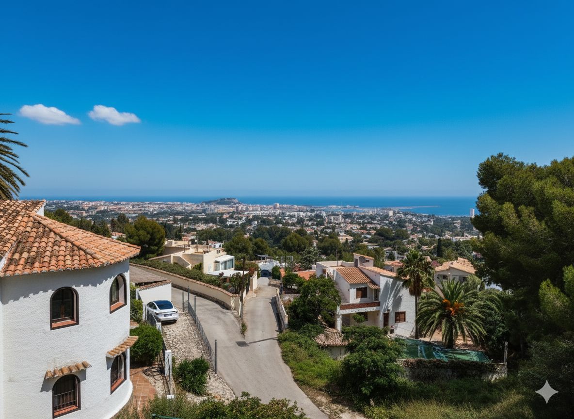 Panoramic elevated view of a coastal town and the Mediterranean Sea, featuring traditional white villas with terracotta roofs and lush Mediterranean greenery.