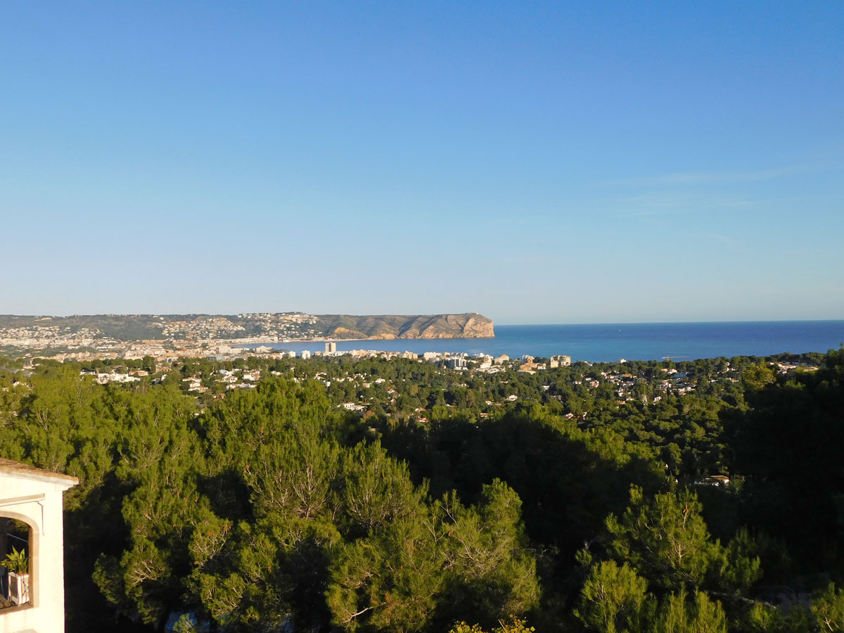 Panoramic views from the property overlooking Cabo San Antonio and the Jávea bay, framed by lush Mediterranean pine trees and a clear blue sky.