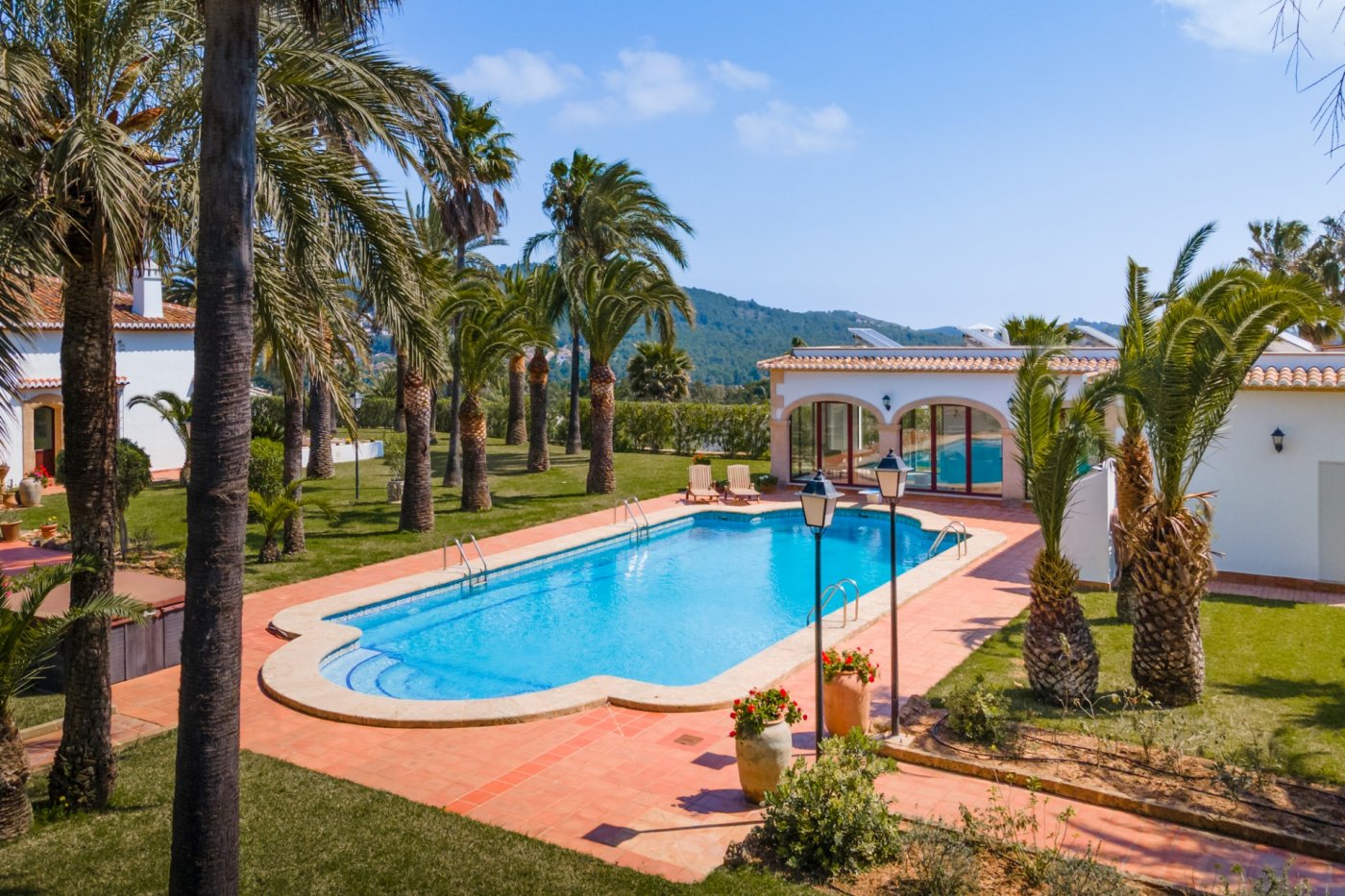 Large 16x7m swimming pool and terracotta terrace, surrounded by mature palms and a guest house featuring traditional arches and solar panels.