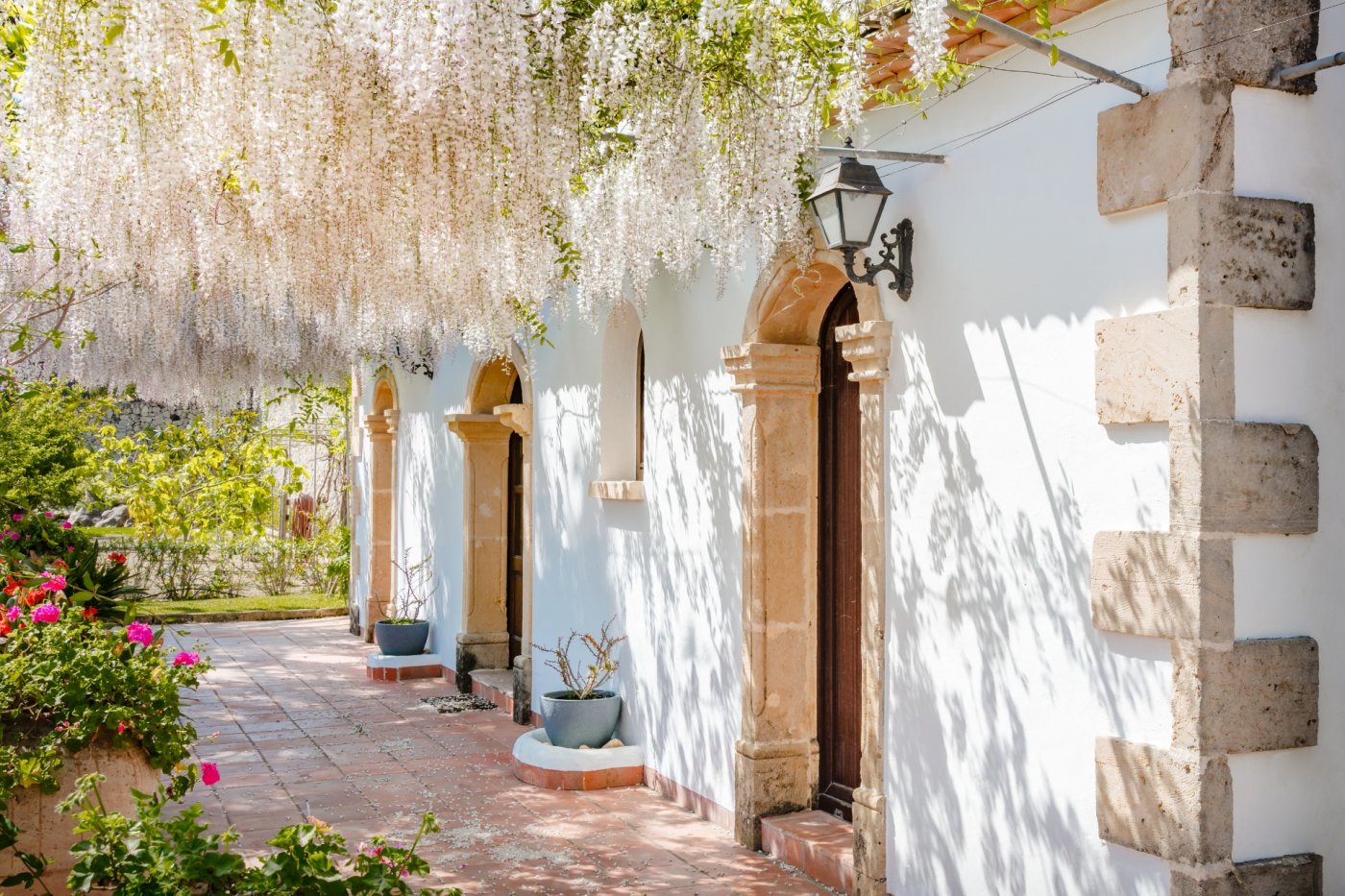 White facade featuring traditional Tosca stone arches and a natural canopy of white wisteria over a terracotta-tiled walkway.