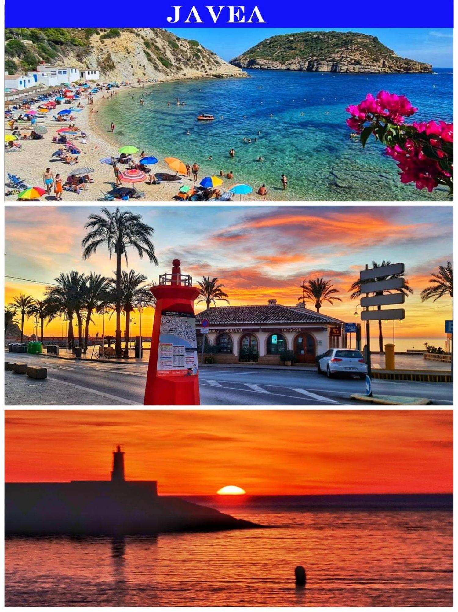 Collage of Javea featuring Cala Portichol with turquoise waters, sunset views over the port area, and the coastal lighthouse silhouette at dusk.