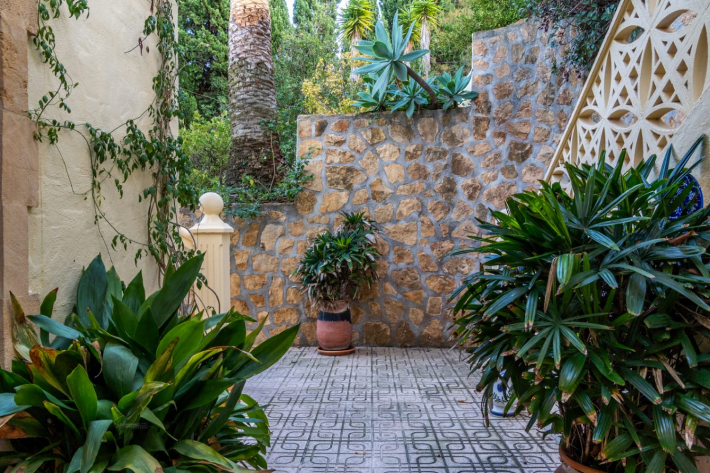 Outdoor patio featuring geometric floor tiles, natural stone masonry walls, and lush Mediterranean greenery with palms and decorative succulents.