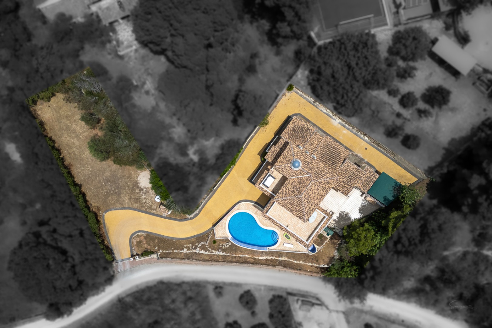 Aerial top-down view of the property highlighting the infinity pool, the terracotta tiled roof with its central glass dome, and the expansive paved driveway on an elevated plot.