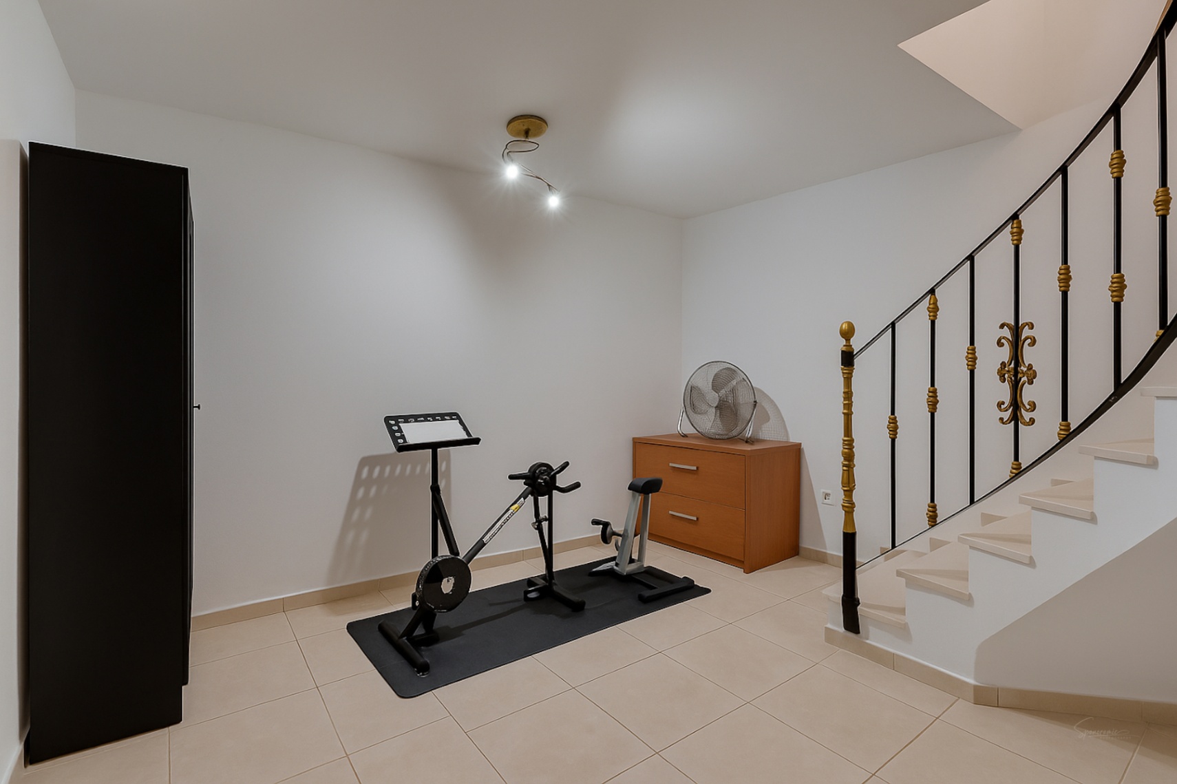 Lower-level multipurpose room featuring exercise equipment, storage cabinetry, and a staircase with decorative wrought-iron railings and gold accents.