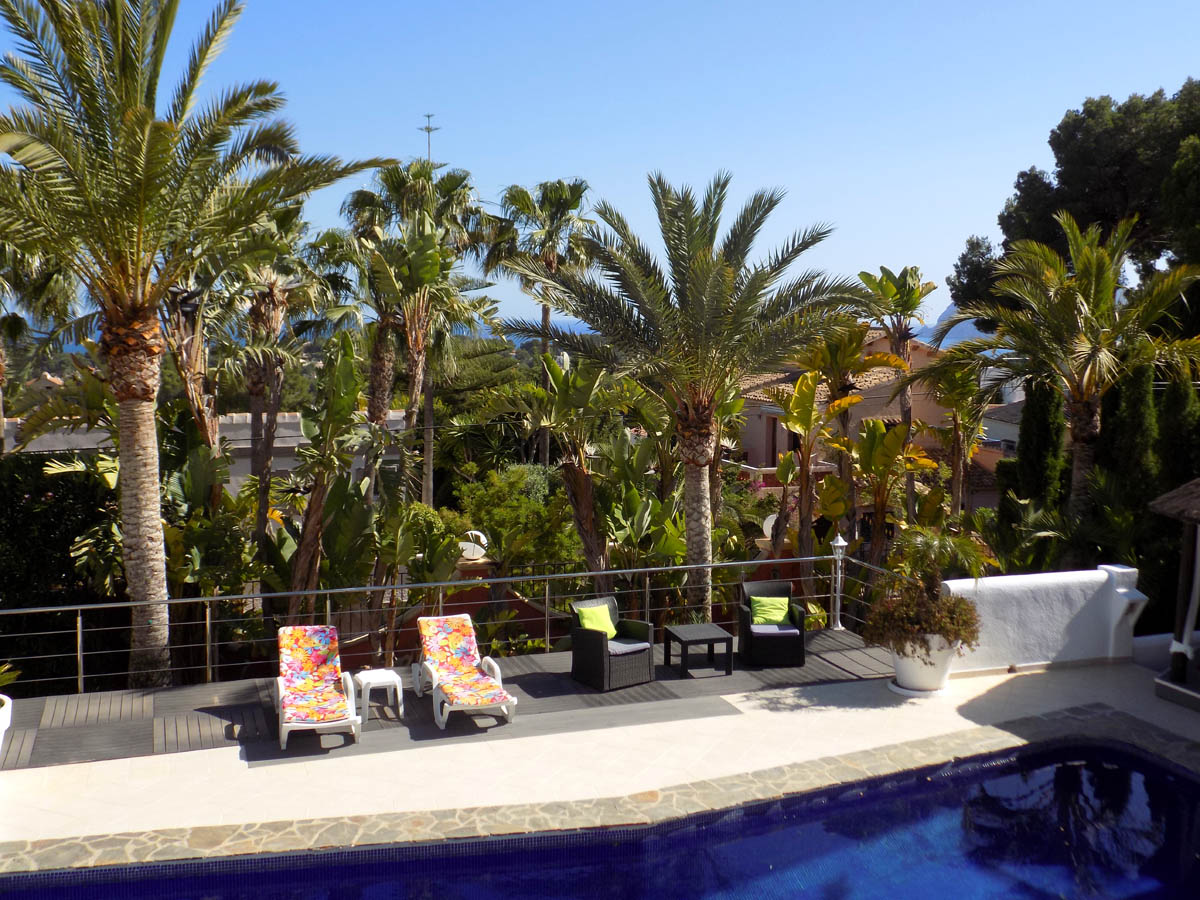 Elevated terrace featuring a swimming pool, dark wood decking with sun loungers, and sea views framed by mature palm trees and lush greenery.