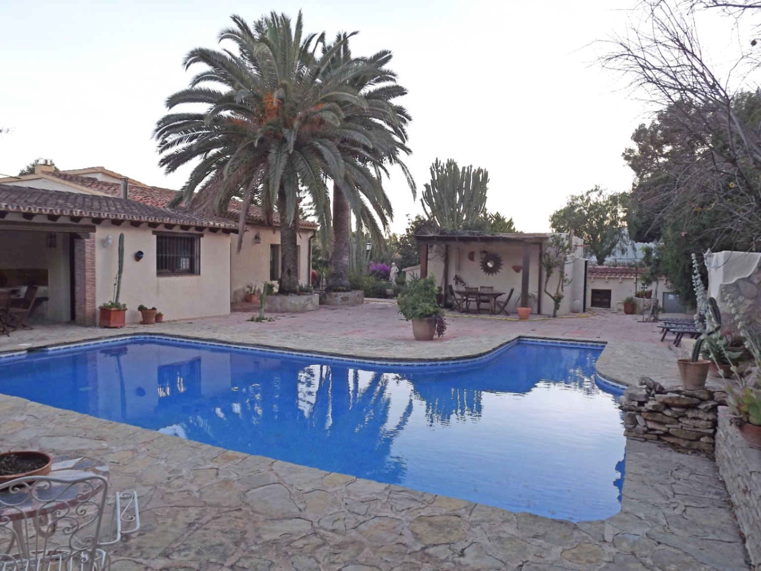 A 12x5m swimming pool featuring a natural stone terrace, mature palm trees, and a covered outdoor dining area set against traditional Mediterranean architecture.
