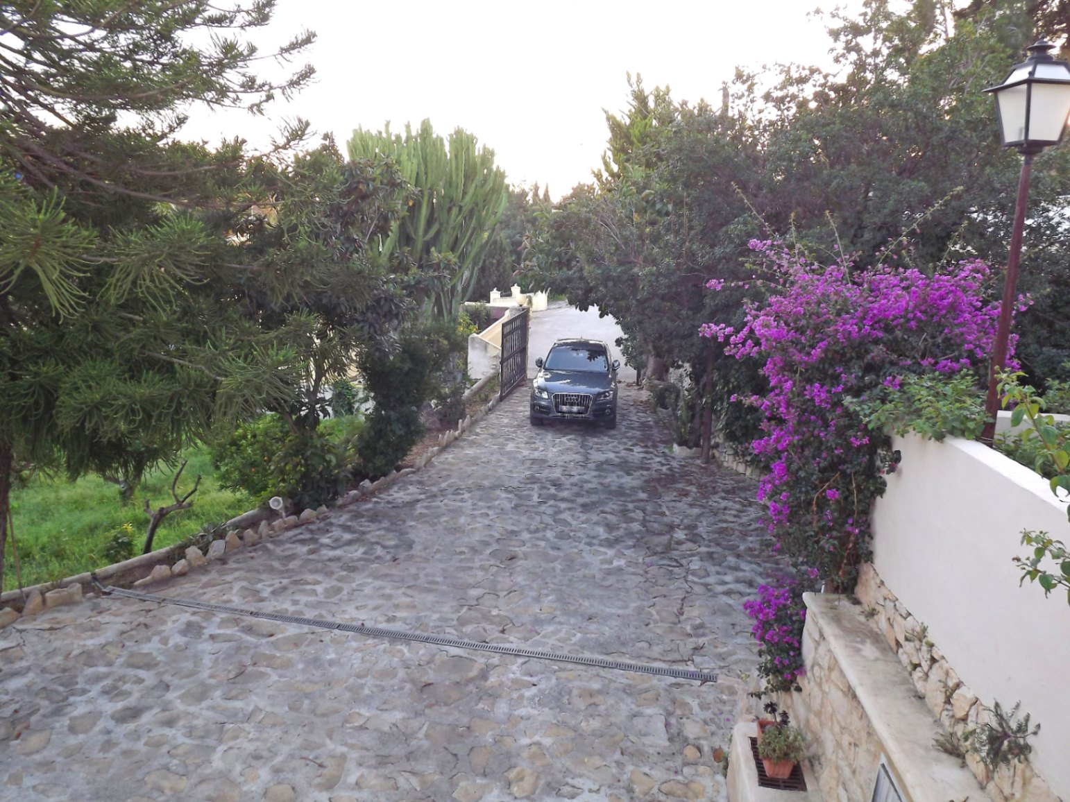 Private stone-paved driveway featuring mature Mediterranean landscaping, vibrant bougainvillea, and a secure entrance with traditional stone wall accents.