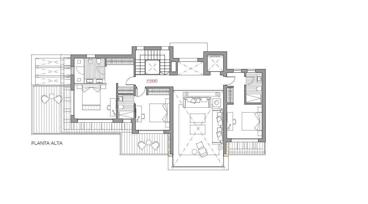 Detailed floor plan of the upper level featuring three en-suite bedrooms, elevator shaft, central staircase, and several private outdoor terraces.