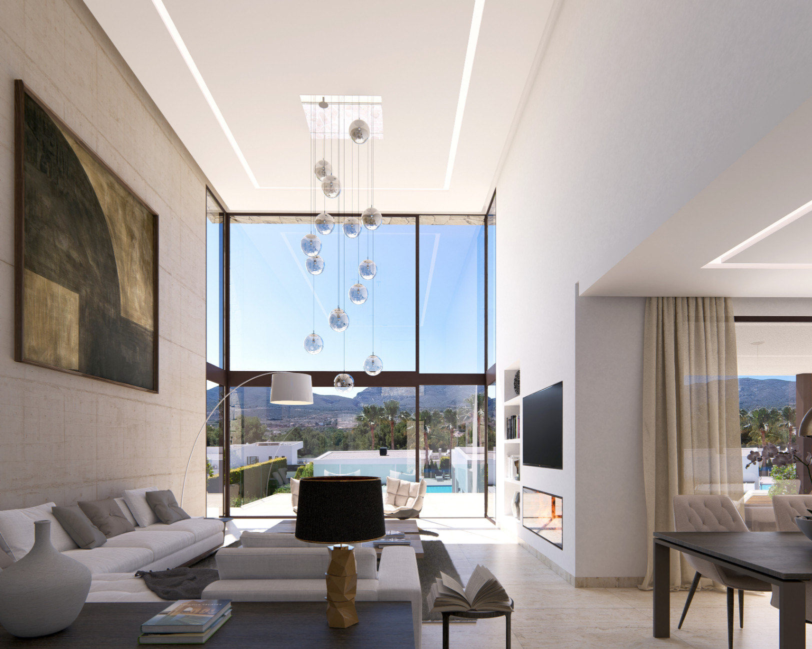 Double-height living area featuring six-meter floor-to-ceiling windows, a textured stone wall, cascading glass chandelier, and panoramic mountain views.