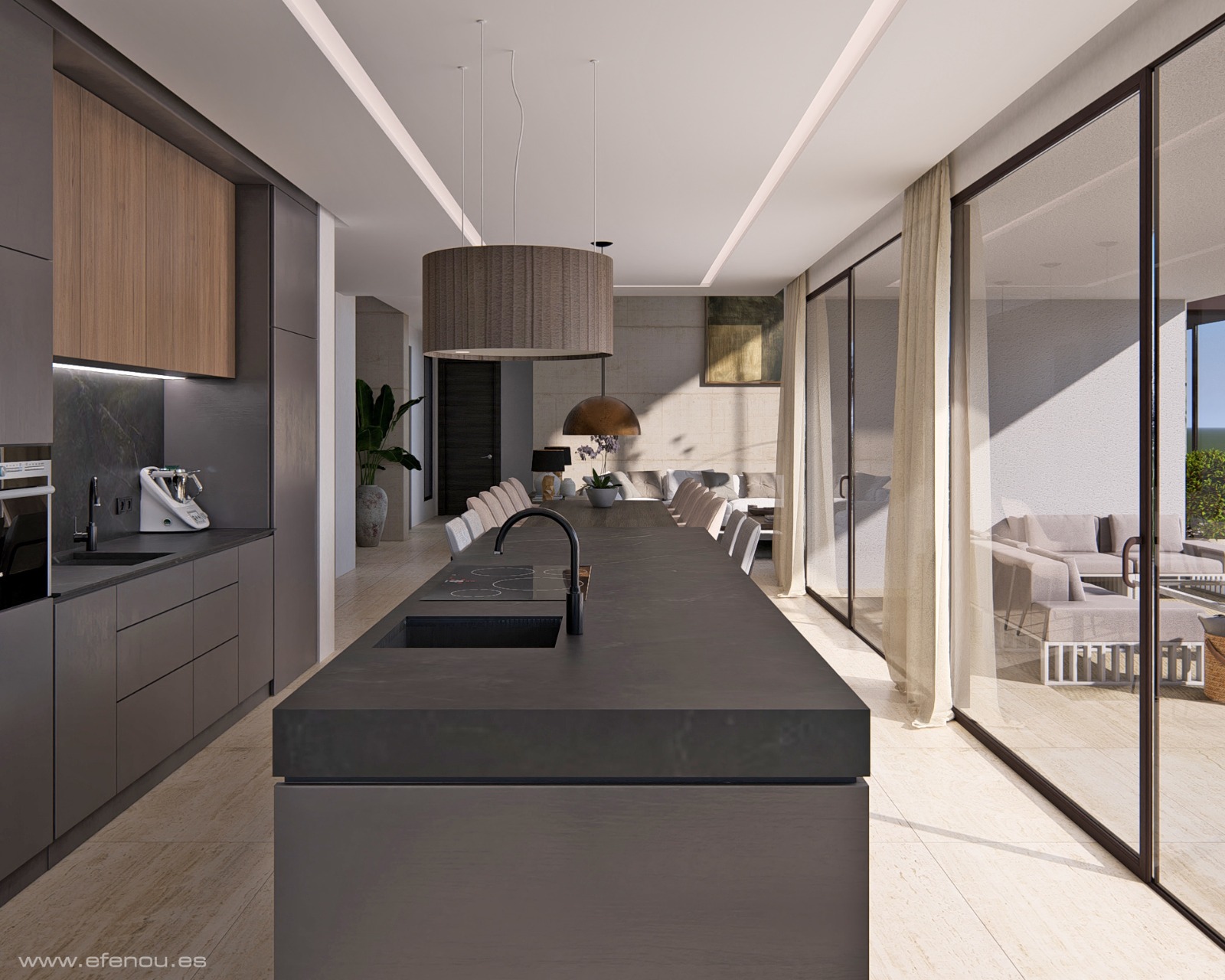 Modern open-plan kitchen featuring a large anthracite island with stone countertop, integrated appliances, and floor-to-ceiling glass doors opening to the terrace.