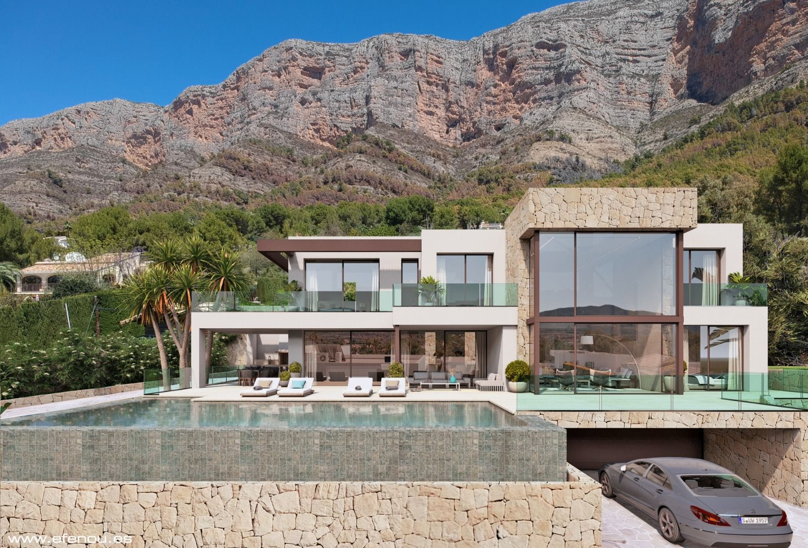 Modern villa exterior featuring natural stone cladding, floor-to-ceiling windows, and an infinity pool set against the backdrop of the Montgó mountain.