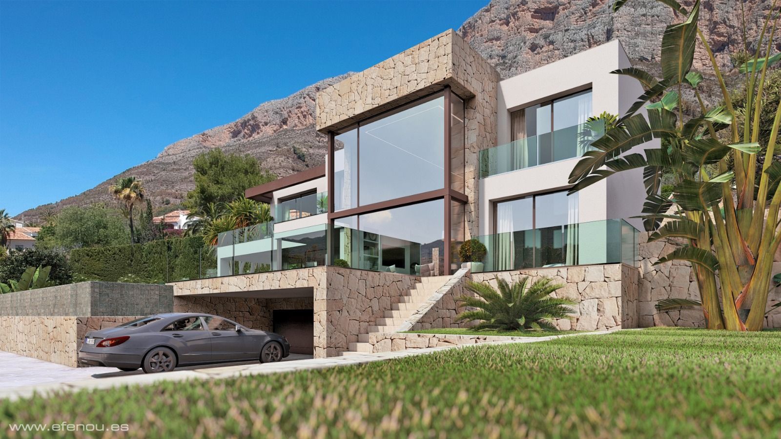 Modern villa facade featuring double-height glass windows, natural stone walls, and sleek glass railings, set against the backdrop of the Montgó mountain.