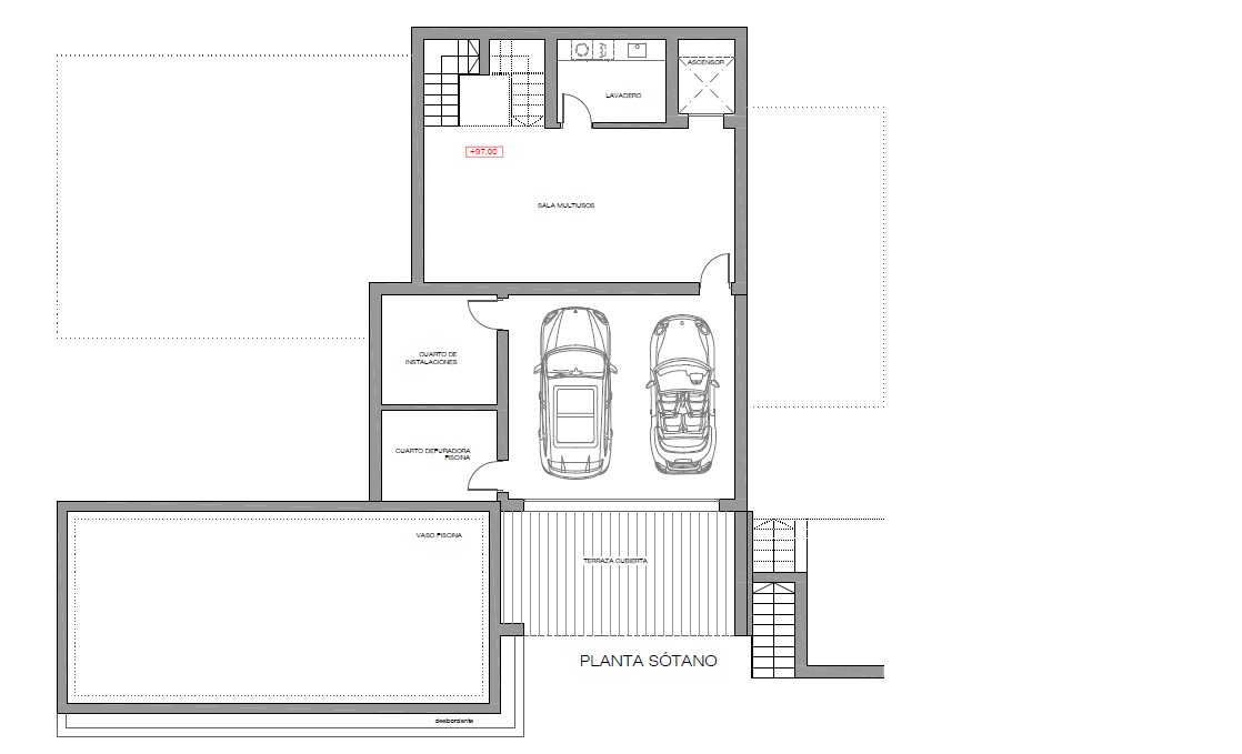 Technical floor plan of the basement level featuring a double garage, multipurpose room, laundry area, technical rooms, and elevator access near the pool.