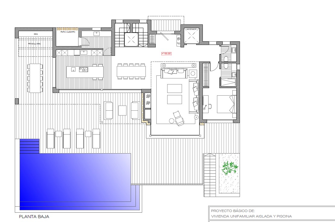 Technical ground floor plan showing the open-plan kitchen, living area, en-suite bedroom, and the expansive terrace integrated with the swimming pool.