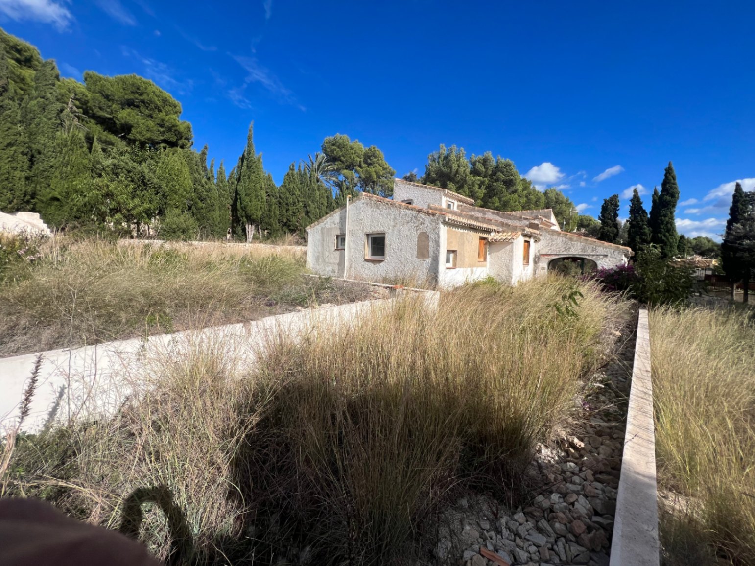 Exterior view of the traditional villa featuring a textured facade and terracotta roof, set on an expansive plot with mature trees and natural vegetation.