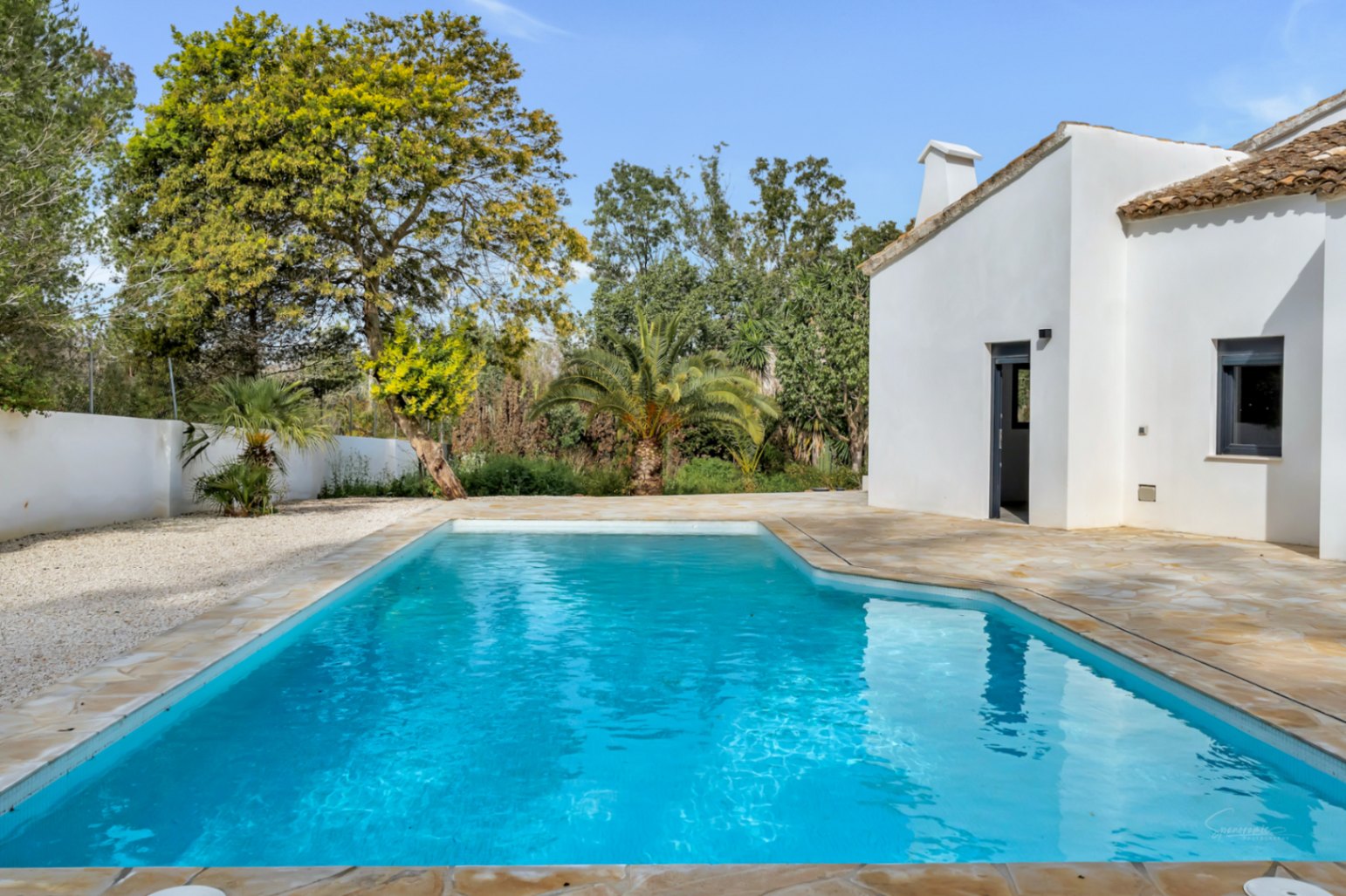 Outdoor swimming pool featuring a natural stone terrace and white-washed walls, set within a Mediterranean garden with mature trees and palms.