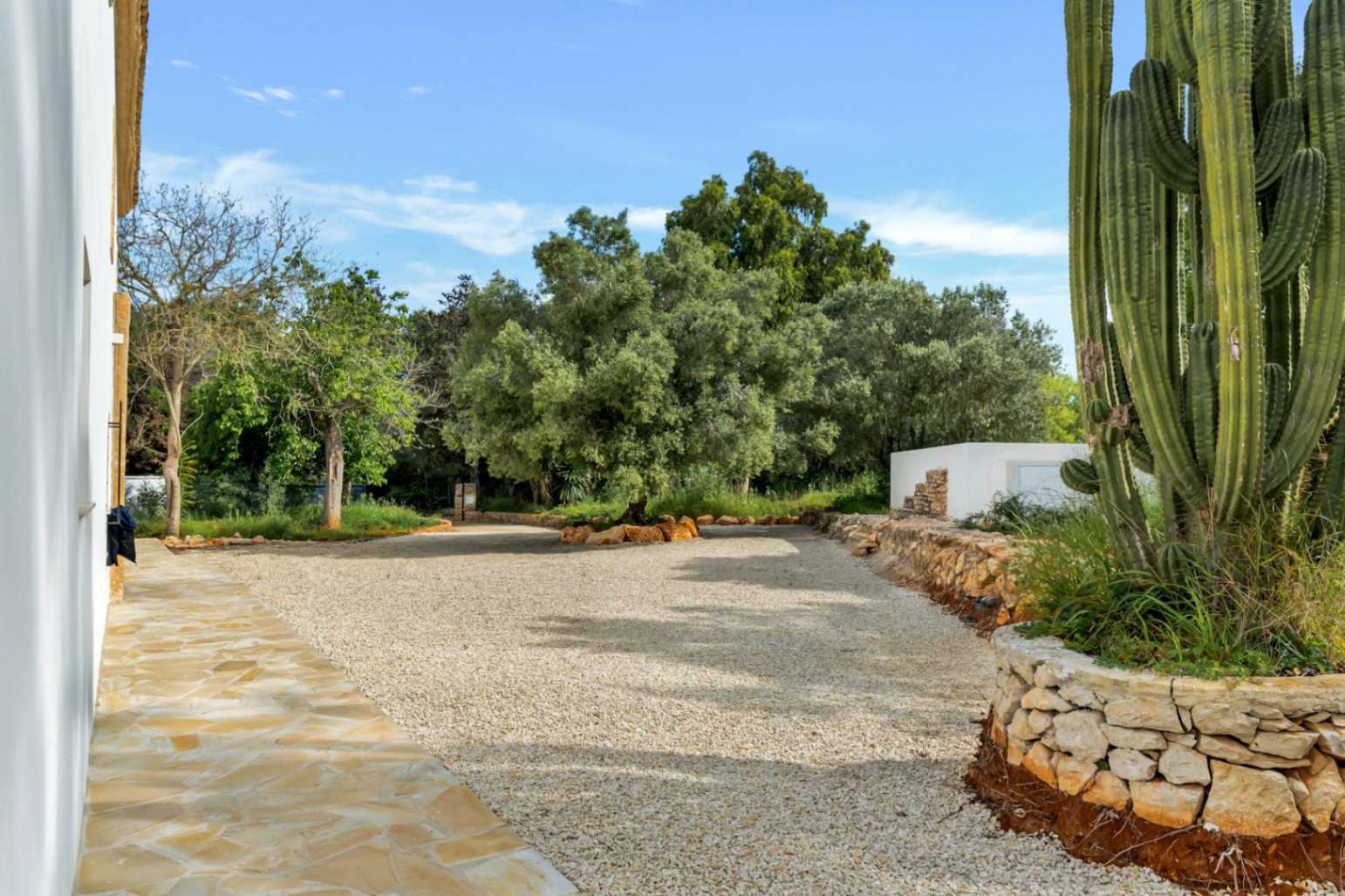 Spacious exterior area featuring a gravel path, natural stone walls, and a large ornamental cactus next to the white building facade.