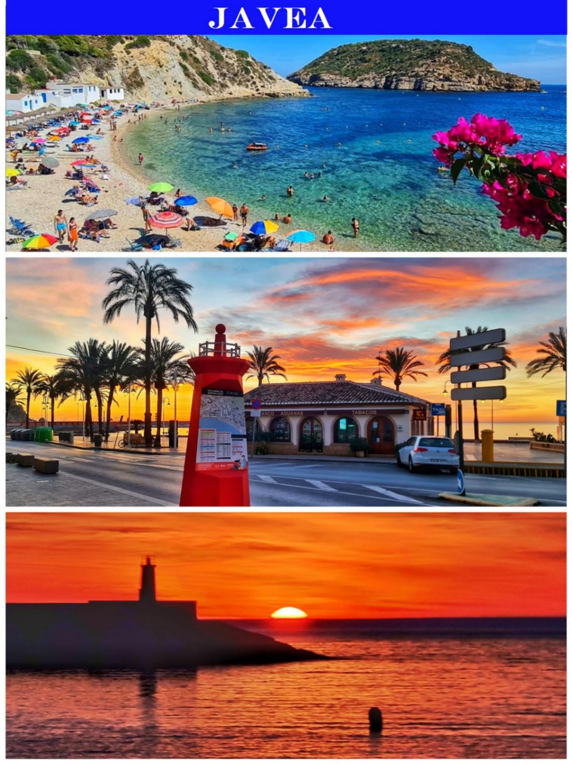 Collage of Jávea featuring the turquoise waters of Granadella cove, the port area at sunset with palm trees, and a silhouette of the lighthouse against a red horizon.