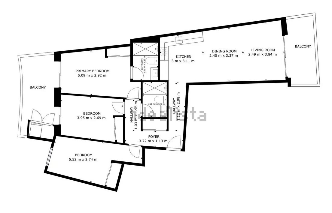 Detailed floor plan illustrating the layout of three bedrooms, two bathrooms, an open-concept living area, and two private balconies with specific dimensions.