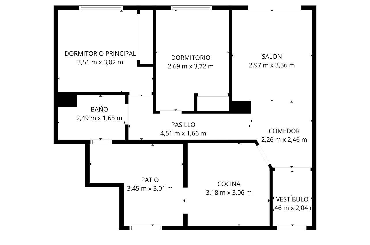 Detailed floor plan illustrating the layout with two bedrooms, a living-dining area, independent kitchen, bathroom, and a private interior patio.