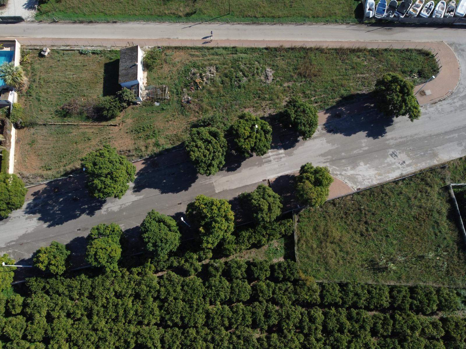 Overhead aerial view of the urban plot featuring paved road access with mature trees, an existing small structure, and proximity to agricultural land.