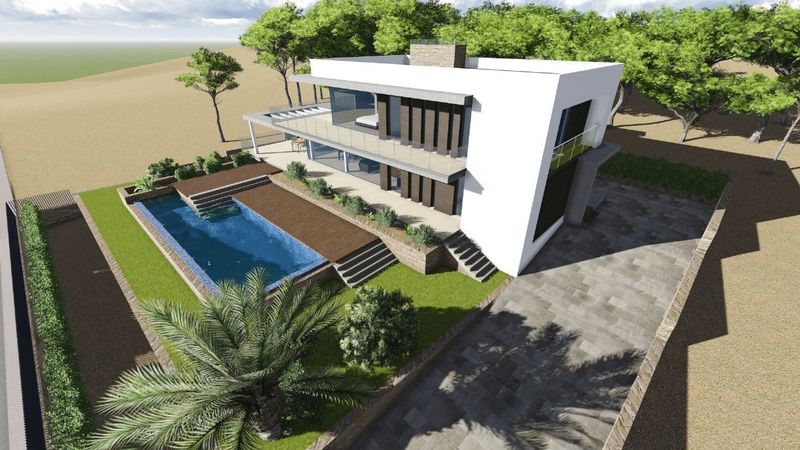 Aerial view showing the modern white architecture, rectangular swimming pool with wooden decking, and landscaped garden with a stone driveway.