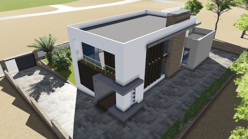Exterior aerial view of the modern villa featuring a flat roof, white facade with stone accents, dark vertical louvers, and a paved stone driveway.