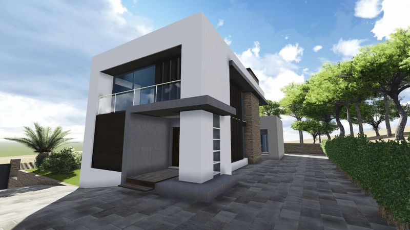 Modern exterior featuring a white geometric facade with stone accents, a glass-railed balcony, and a paved grey stone entrance surrounded by Mediterranean pine trees.