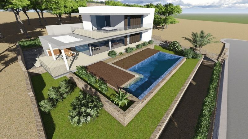 Modern two-story villa featuring a rectangular pool with wooden decking, a covered dining porch, and landscaped gardens enclosed by stone walls.