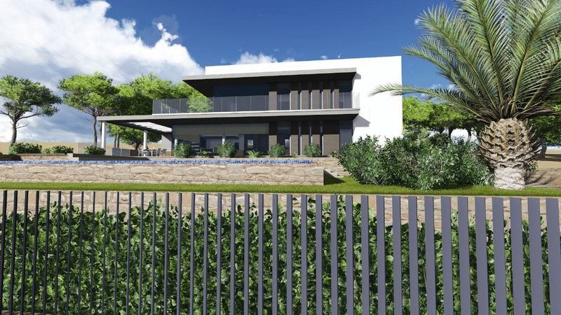 Modern villa exterior with white facade, glass railings, and a rectangular pool featuring blue mosaic tiles, set behind a natural stone retaining wall.