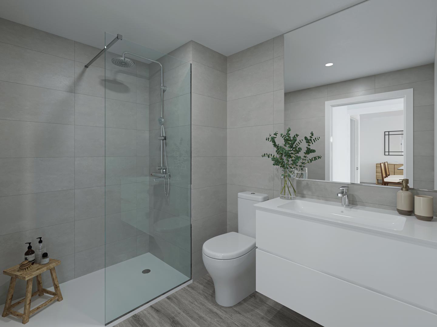 Modern bathroom featuring a walk-in shower with glass screen, grey wall tiling, a white floating vanity, and wood-effect flooring with recessed lighting.