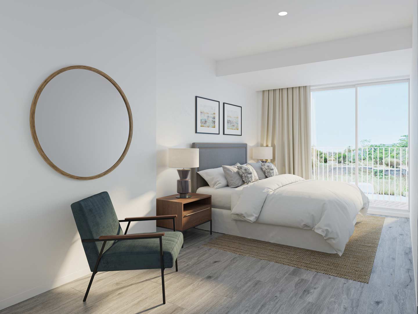 Modern bedroom featuring grey wood flooring, a large circular mirror, and direct access to a private terrace through floor-to-ceiling sliding doors.