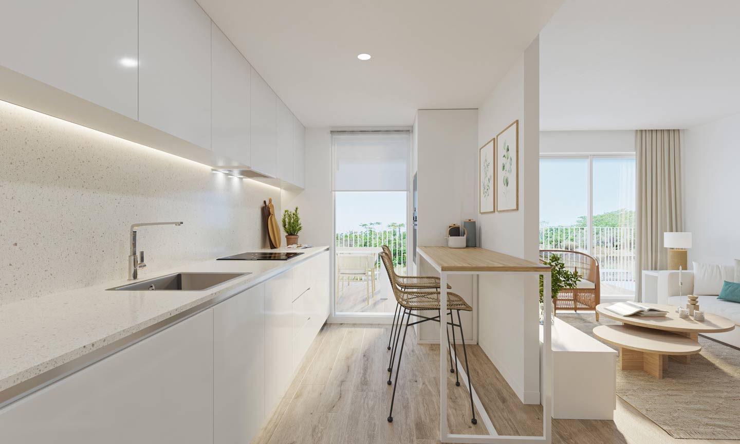 Modern open-plan kitchen featuring white minimalist cabinetry, stone countertops, and a breakfast bar with rattan stools, leading to a bright living area and terrace.