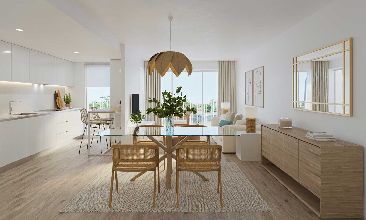 Open-plan living area featuring a minimalist white kitchen, glass dining table with rattan chairs, and light wood flooring leading to a bright terrace.