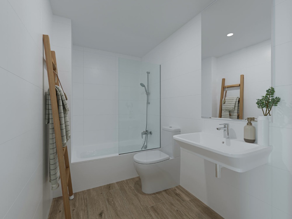 Modern bathroom featuring white tiled walls, a bathtub with glass partition, wall-mounted washbasin, and wood-effect porcelain flooring.