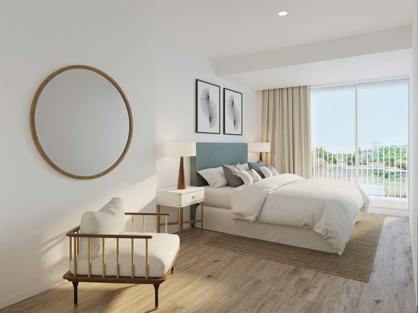 Modern bedroom featuring a teal headboard, light wood flooring, and large sliding glass doors opening to a private balcony.